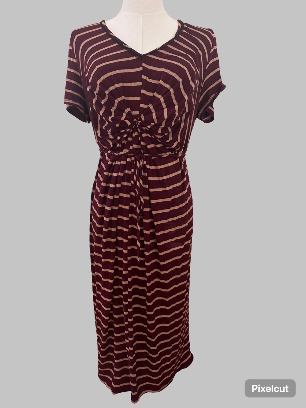 Motherhood Maternity Burgundy and Tan Striped Knot-Front Midi Dress